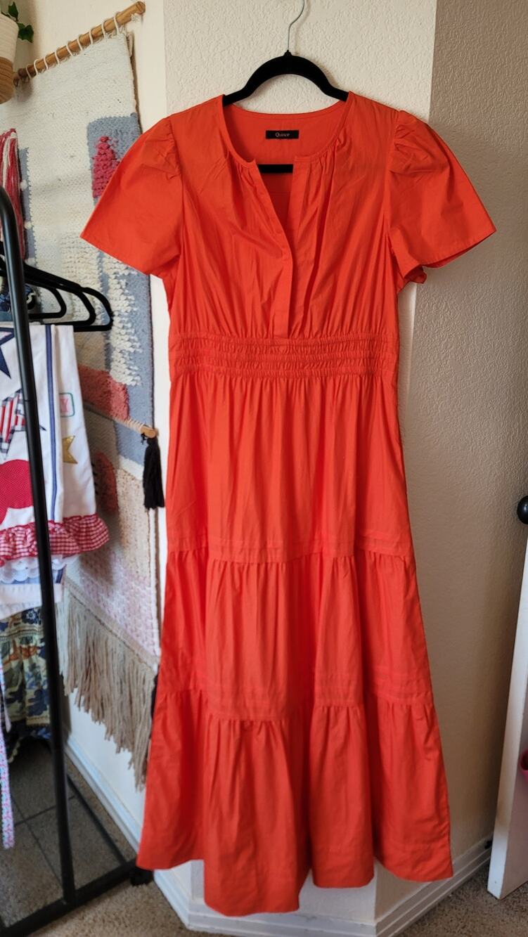 QUINCE 100% Organic Cotton Poplin Tiered Maxi Dress in Vermillion Red, sz Medium